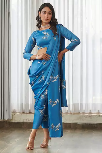 Blue floral printed semi saree with dhoti pants
