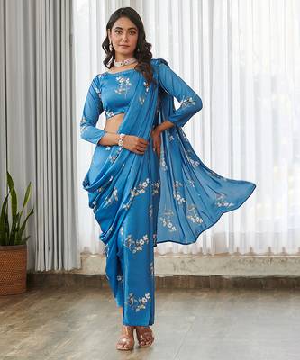 Blue floral printed semi saree with dhoti pants 4