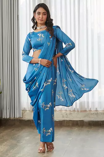 Blue floral printed semi saree with dhoti pants
