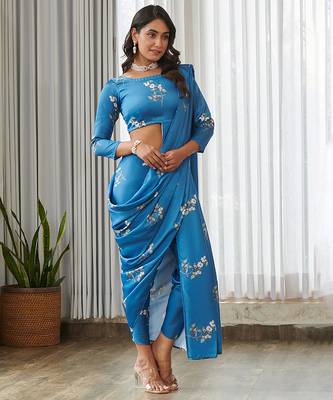 Blue floral printed semi saree with dhoti pants 1