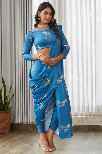 Blue floral printed semi saree with dhoti pants