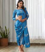 Blue floral printed semi saree with dhoti pants