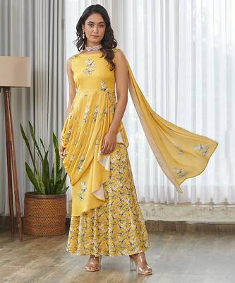 Yellow floral printed ruffle semi saree dress 1