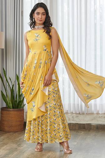 Yellow floral printed ruffle semi saree dress