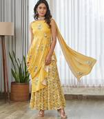 Yellow floral printed ruffle semi saree dress