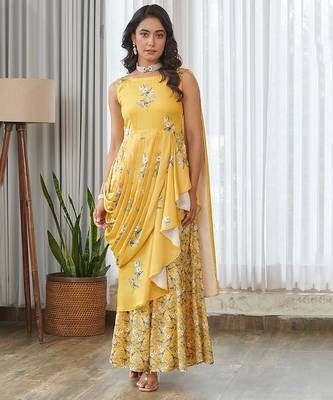 Yellow floral printed ruffle semi saree dress 2