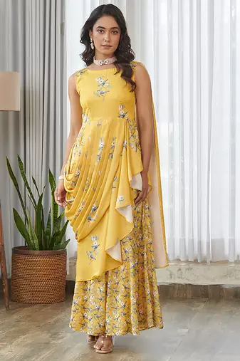 Yellow floral printed ruffle semi saree dress
