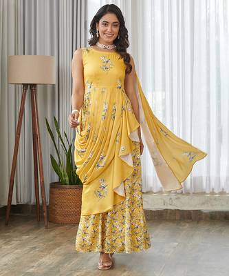 Yellow floral printed ruffle semi saree dress 3