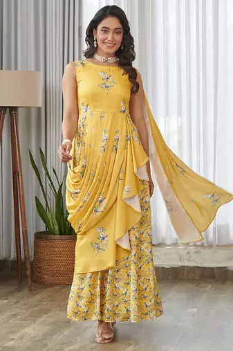 Yellow floral printed ruffle semi saree dress