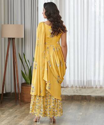 Yellow floral printed ruffle semi saree dress 4