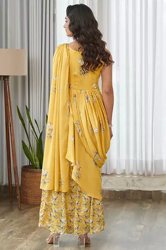 Yellow floral printed ruffle semi saree dress