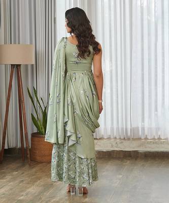 Mint green floral printed ruffle semi saree dress 2