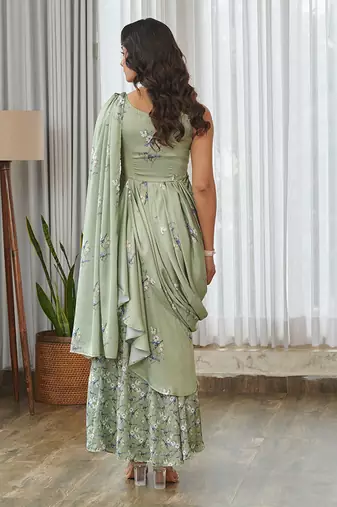 Mint green floral printed ruffle semi saree dress