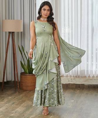 Mint green floral printed ruffle semi saree dress 3