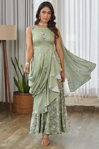 Mint green floral printed ruffle semi saree dress