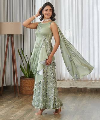 Mint green floral printed ruffle semi saree dress 4