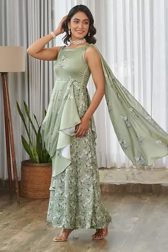 Mint green floral printed ruffle semi saree dress