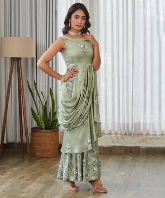 Mint green floral printed ruffle semi saree dress 1