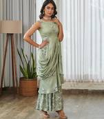 Mint green floral printed ruffle semi saree dress