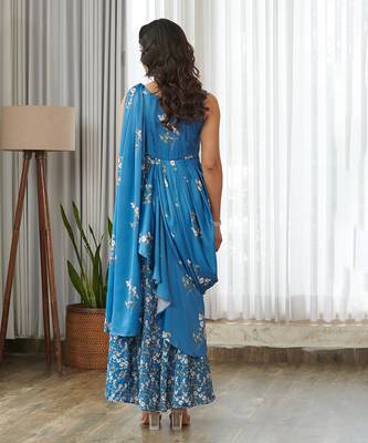 Blue floral printed ruffle semi saree dress 2