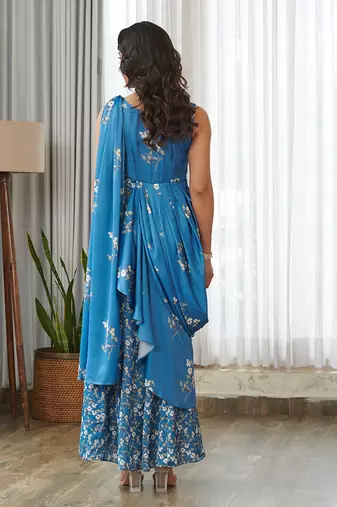 Blue floral printed ruffle semi saree dress