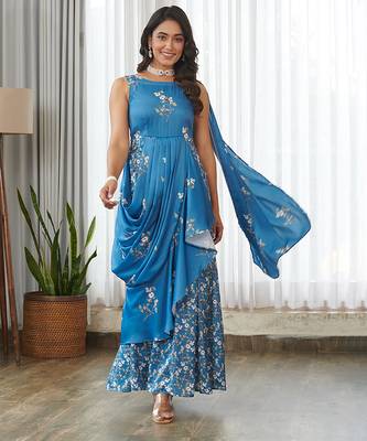 Blue floral printed ruffle semi saree dress 1