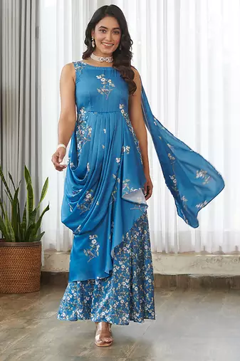 Blue floral printed ruffle semi saree dress