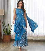 Blue floral printed ruffle semi saree dress