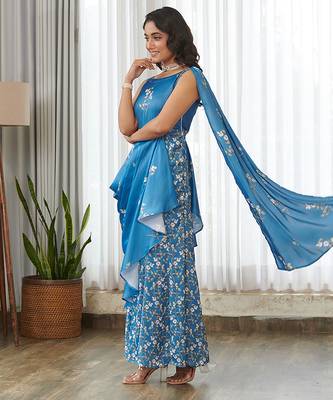 Blue floral printed ruffle semi saree dress 3
