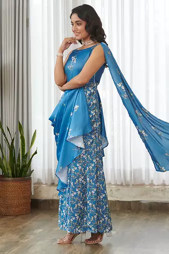 Blue floral printed ruffle semi saree dress