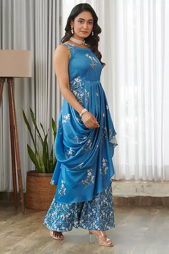 Blue floral printed ruffle semi saree dress