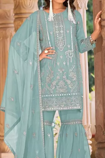 Sky embroidered organza semi-stitched palazzo style salwar suit