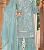 Sky embroidered organza semi-stitched palazzo style salwar suit