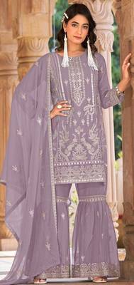 Purple embroidered organza stitched palazzo style salwar suit 1