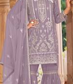 Purple embroidered organza stitched palazzo style salwar suit