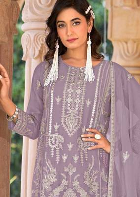 Purple embroidered organza stitched palazzo style salwar suit 2