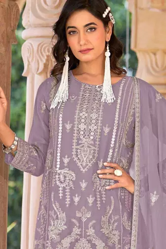 Purple embroidered organza stitched palazzo style salwar suit