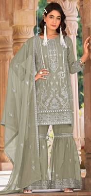 Green embroidered organza stitched palazzo style salwar suit 1