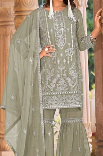 Green embroidered organza semi-stitched palazzo style salwar suit