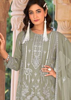 Green embroidered organza stitched palazzo style salwar suit 2