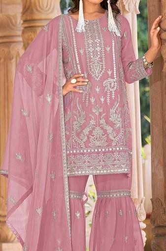 Pink embroidered organza semi-stitched palazzo style salwar suit