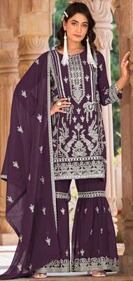 Wine embroidered organza stitched palazzo style salwar suit 1