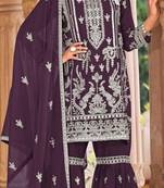 Wine embroidered organza semi-stitched palazzo style salwar suit