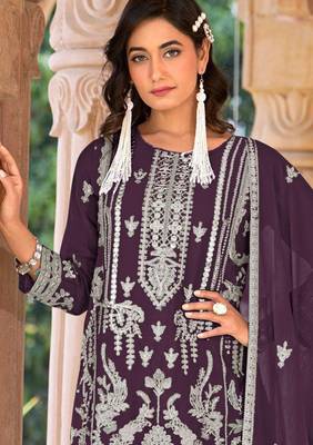 Wine embroidered organza stitched palazzo style salwar suit 2