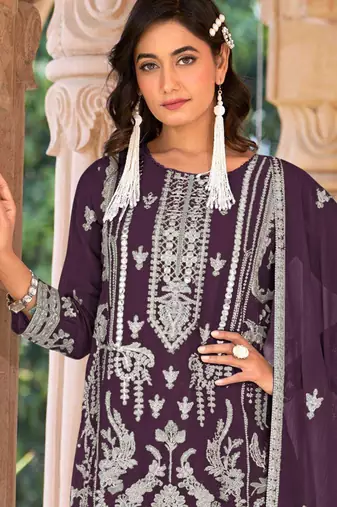 Wine embroidered organza stitched palazzo style salwar suit