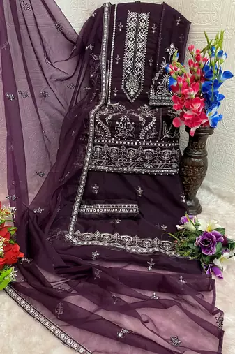 Wine embroidered organza stitched palazzo style salwar suit