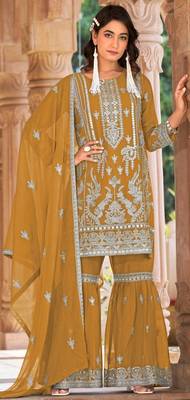 Yellow embroidered organza stitched palazzo style salwar suit 1