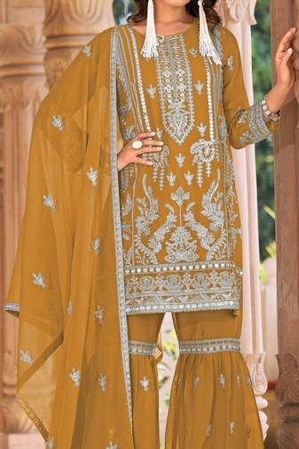 Yellow embroidered organza semi-stitched palazzo style salwar suit