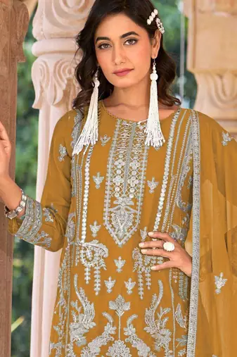 Yellow embroidered organza stitched palazzo style salwar suit