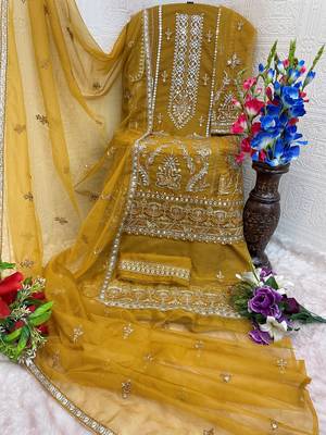 Yellow embroidered organza stitched palazzo style salwar suit 3